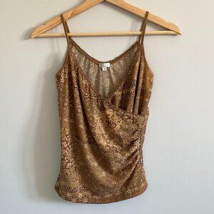 Vintage Y2K Gold Sparkle Camisole Tank with Crossover, Ruching Floral Glam Party